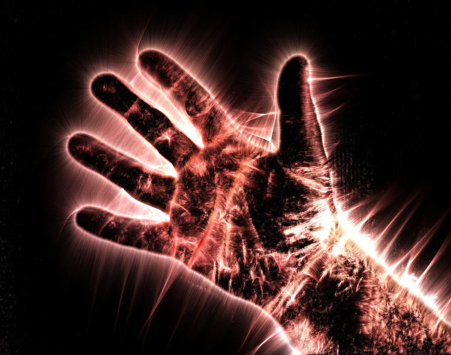 Kirlian-Aura-Fotografie einer leuchtenden menschlichen männlichen Hand, die verschiedene Symbole zeigt